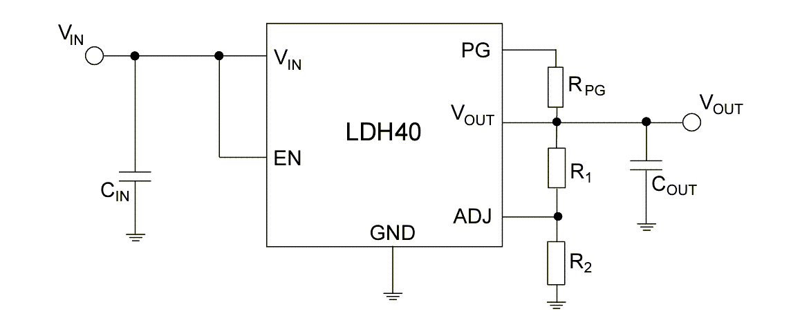アプリケーション回路図 - STMicroelectronics LDH40 200mA低ドロップアウトLDO